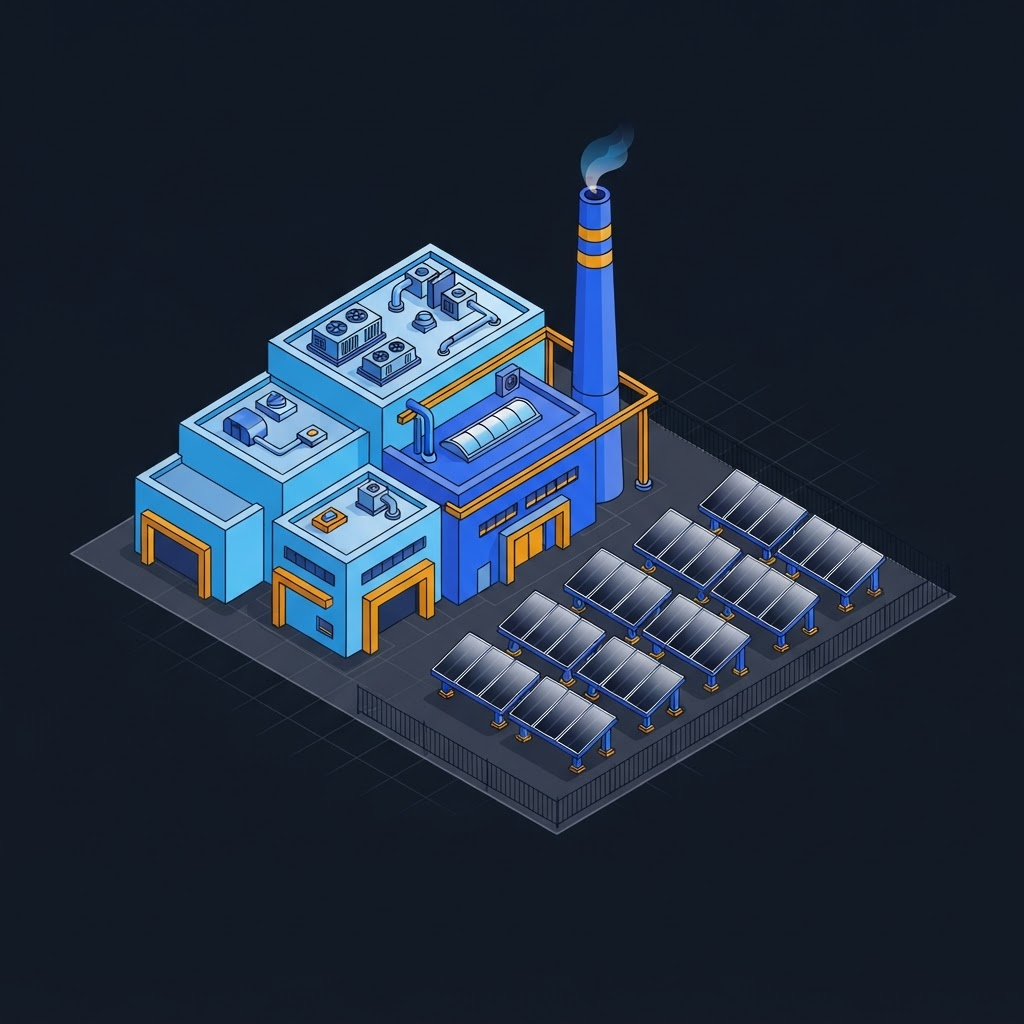 Proyecto de Voltaica Ingeniería — Ilustración isométrica de una planta industrial con arreglo fotovoltaico en piso