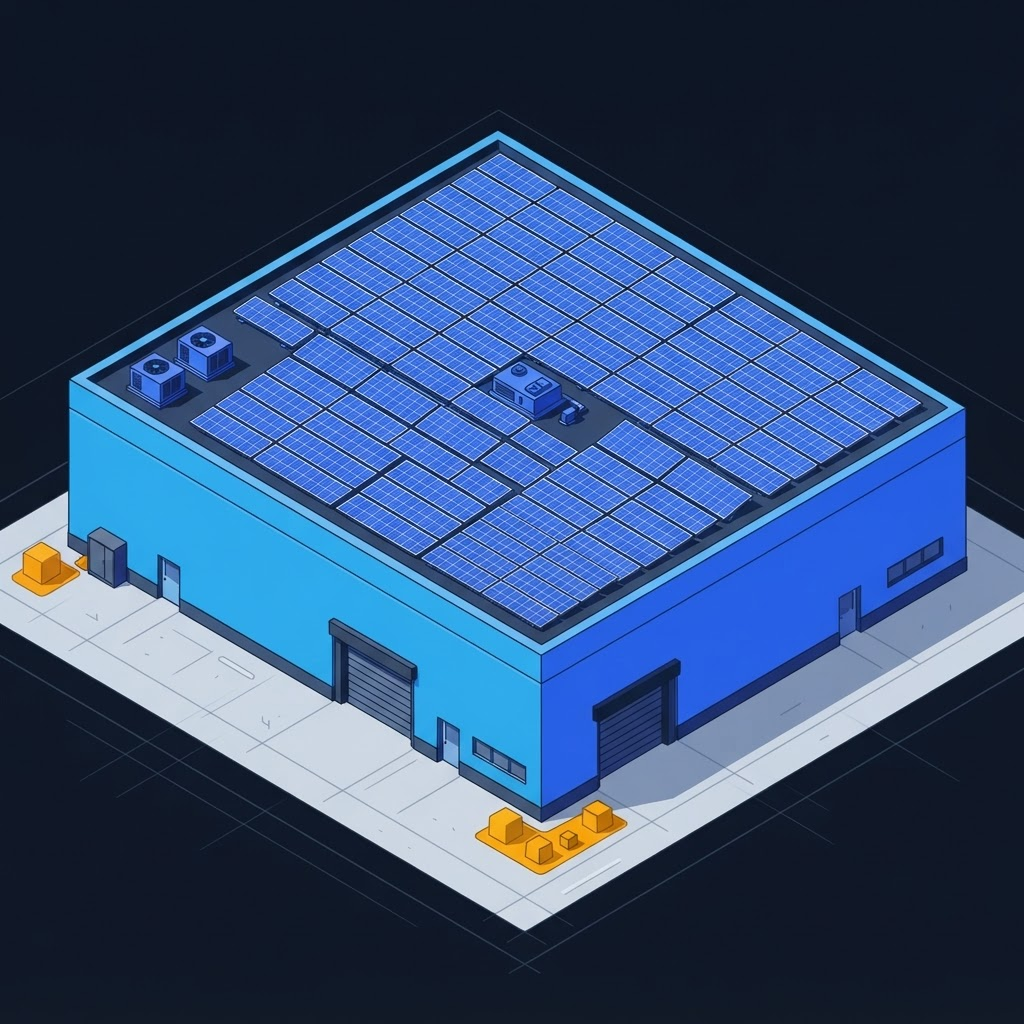 Proyecto de Voltaica Ingeniería — Ilustración isométrica de una nave industrial con arreglo fotovoltaico en la cubierta